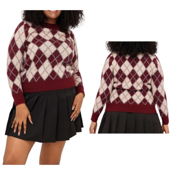 Cider Sweaters Cider Plus Red Argyle Fuzzy Sweater Sparkle Nwt